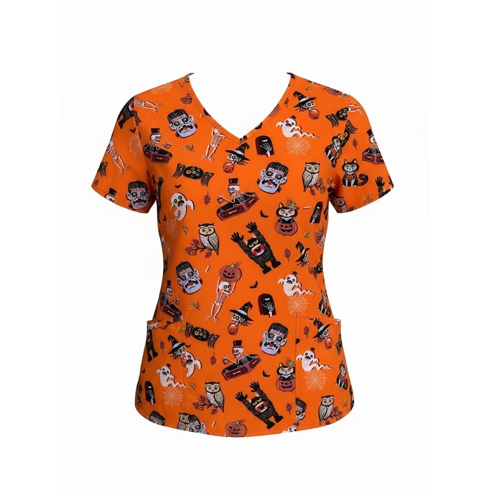 Scrubstar Halloween V-Neck Scrub Top Orange Frankenstein Ghost Cat Large WM738